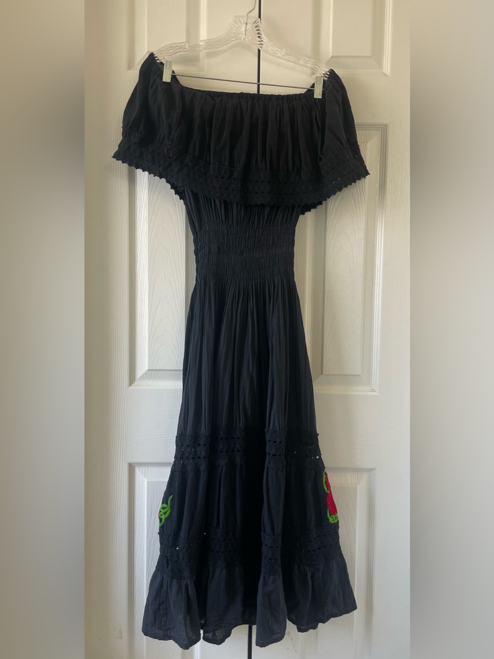 Mexican Style Floral Embroidered Off Shoulder Black Maxi Dress - Picture 3 of 9